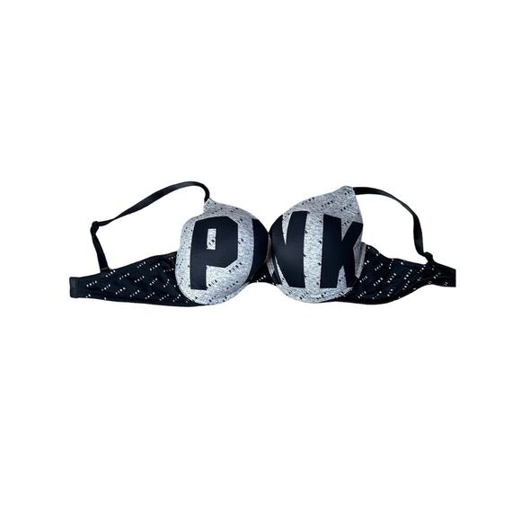 Victoria's Secret push up bra gray black underwire PINK Spell out 36 DD - Picture 1 of 3